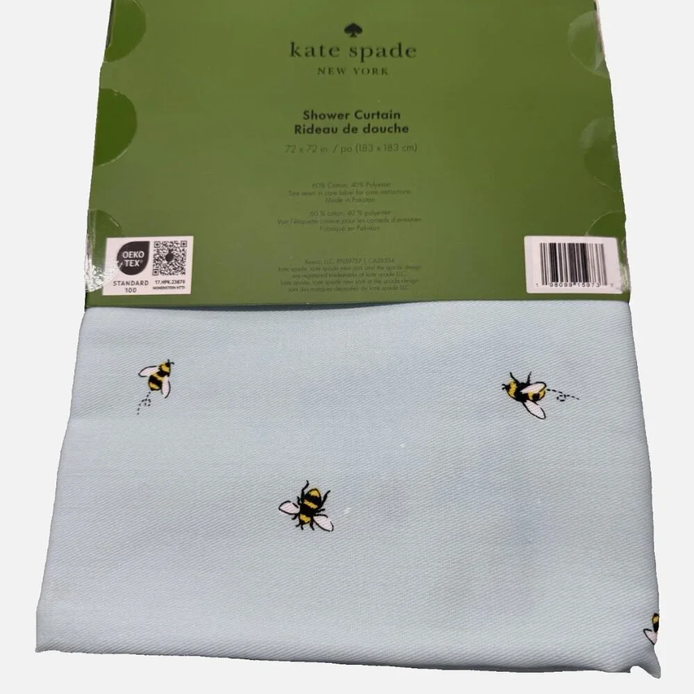 Kate Spade Bumble Bee Fabric Shower Curtain Blue Cotton Blend 72"x72" Summer NEW - Picture 6 of 7